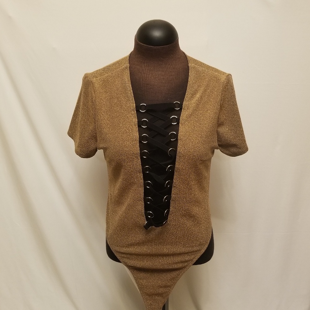 loveJ Lurex Lace Up Short Sleeve Copper Bodysuit L